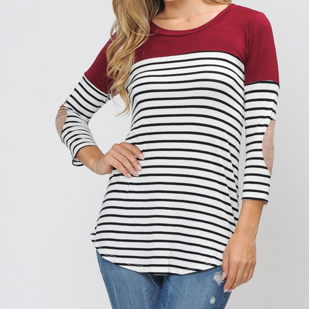 3/4 SLEEVE COLOR BLOCK TOP WITH ELBOW PATCH